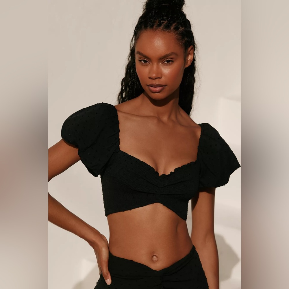 Peixoto Louisa Off-Shoulder Gathered Puff Sleeve Crop Top